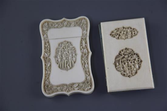 Two Chinese export ivory card cases, 19th century, 9.5 and 10.5cm